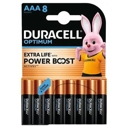 Batéria, AAA mikrotužková, 8 ks, bez plastu, DURACELL „Optimum“