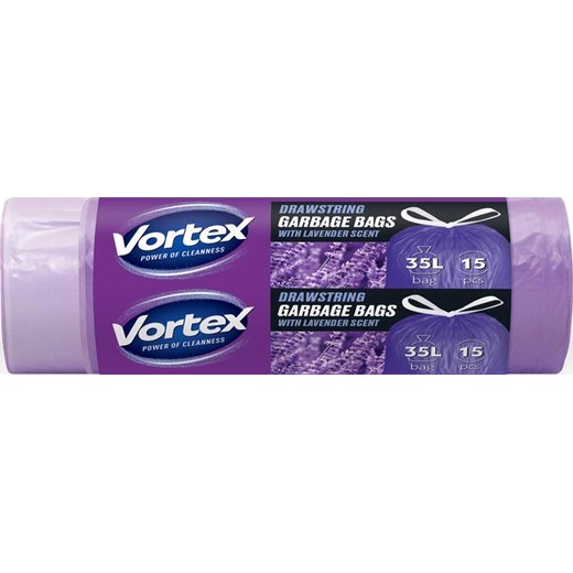 Vrecia na odpadky, so sťahovacou páskou, 35 l, 15 ks, 50 × 60 cm, HDPE, 15 µ, VORTEX, s levanduľovou vôňou