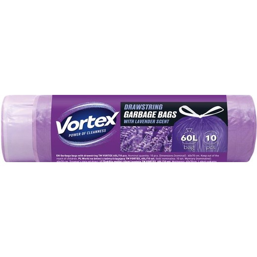 Vrecia na odpadky, so sťahovacou páskou, 60 l, 10 ks, 60 × 70 cm, HDPE, 15 µ, VORTEX, s levanduľovou vôňou