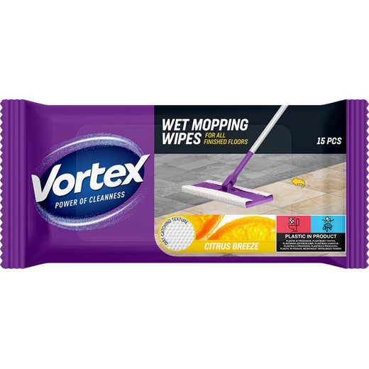 Vlhčené utierky na podlahu, 15 ks, VORTEX, s vôňou citróna