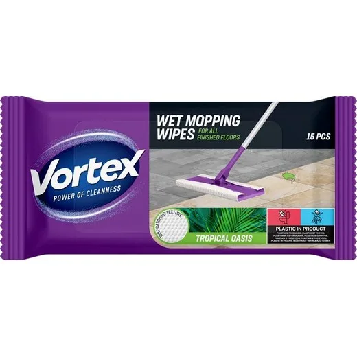 Vlhčené utierky na podlahu, 15 ks, VORTEX, s tropickou vôňou