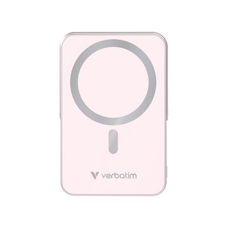 Power banka, externá batéria, magnetická (bezdrôtová), 10 000 mAh, stojanček, VERBATIM "Charge n Go", ružová