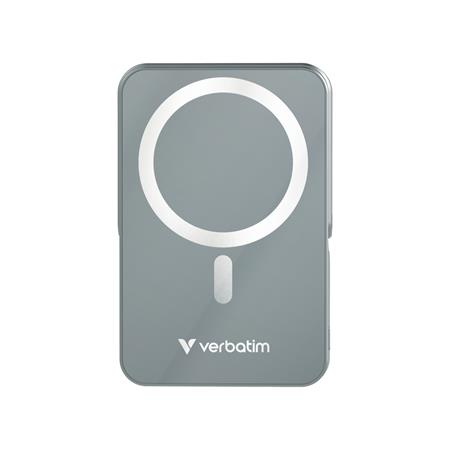 Power banka, externá batéria, magnetická (bezdrôtová), 10 000 mAh, stojanček, VERBATIM "Charge n Go", sivá