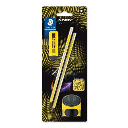 Grafitová ceruzka, sada, so strúhadlom a gumou, tvrdosť HB, STAEDTLER "Norix® 181", žltá