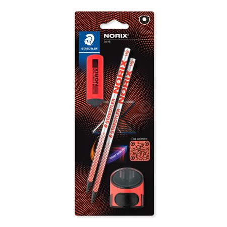 Grafitová ceruzka, sada, so strúhadlom a gumou, tvrdosť HB, STAEDTLER "Norix® 181", koralovo červená