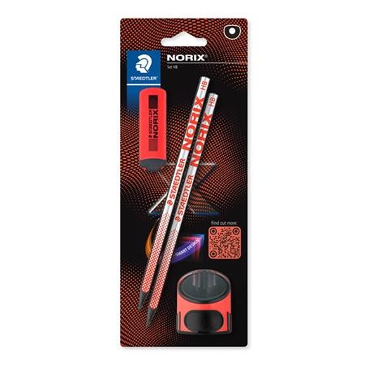 Grafitová ceruzka, sada, so strúhadlom a gumou, tvrdosť HB, STAEDTLER "Norix® 181", koralovo červená