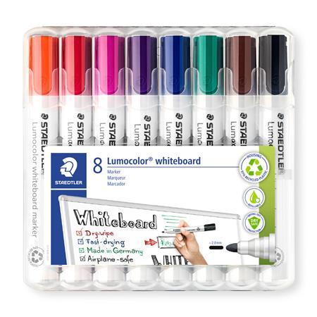 Popisovač na tabule, sada, 2 mm, kužeľový hrot, STAEDTLER "Lumocolor® 351", 8 rôznych farieb