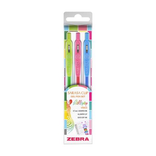 Sada gélových pier, 0,33 mm, s tlačidlom, ZEBRA „Sarasa Clip Lollipop“, 3 rôzne farby