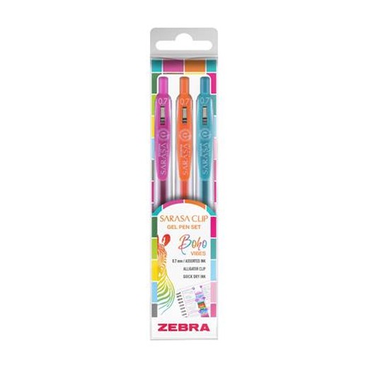 Sada gélových pier, 0,33 mm, s tlačidlom, ZEBRA „Sarasa Clip Boho Vibes“, 3 rôzne farby
