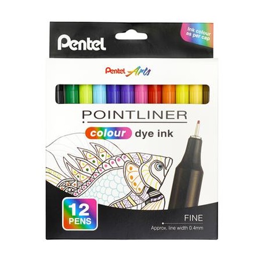 Liner, sada, 0,4 mm, PENTEL "Pointliner", 12 rôznych farieb