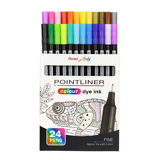 Liner, sada, 0,4 mm, PENTEL "Pointliner", 24 rôznych farieb
