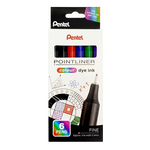 Liner, sada, 0,4 mm, PENTEL "Pointliner", 5 rôznych farieb