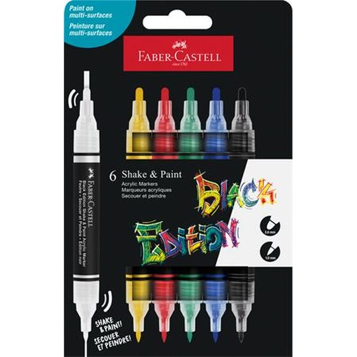 Dekoračný popisovač, sada, 1,0/3,0 mm, obojstranný, akrylový, FABER-CASTELL "Shake&Paint", 6 rôznych farieb