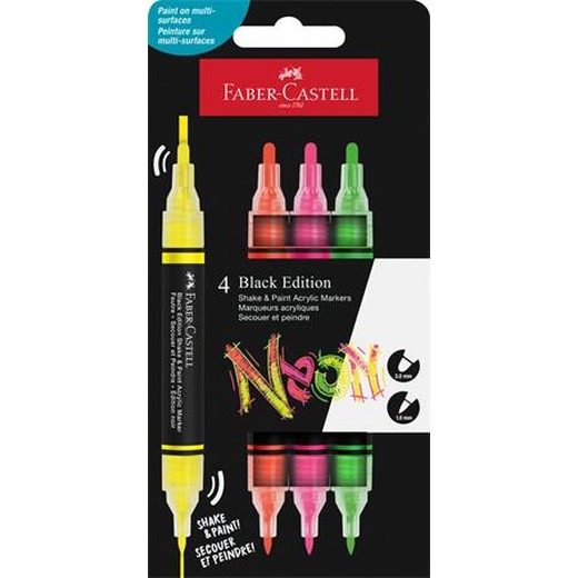 Dekoračný popisovač, sada, 1,0/3,0 mm, obojstranný, akrylový, FABER-CASTELL "Shake&Paint", 4 rôzne neónové farby