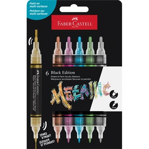 Dekoračný popisovač, sada, 1,0/3,0 mm, obojstranný, akrylový, FABER-CASTELL "Shake&Paint", 6 rôznych kovových farieb