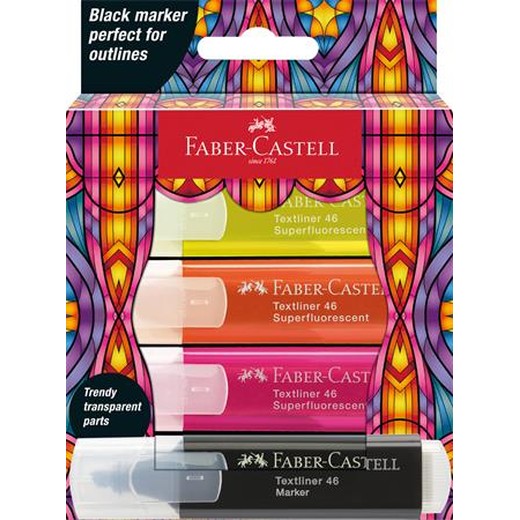 Zvýrazňovač, sada, FABER-CASTELL "Glassy", 3 rôzne neónové farby + čierna