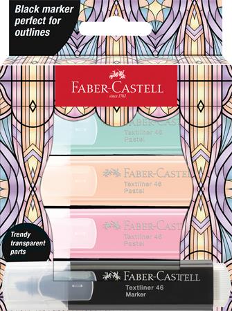 Zvýrazňovač, sada, FABER-CASTELL "Glassy", 3 rôzne pastelové farby + čierna