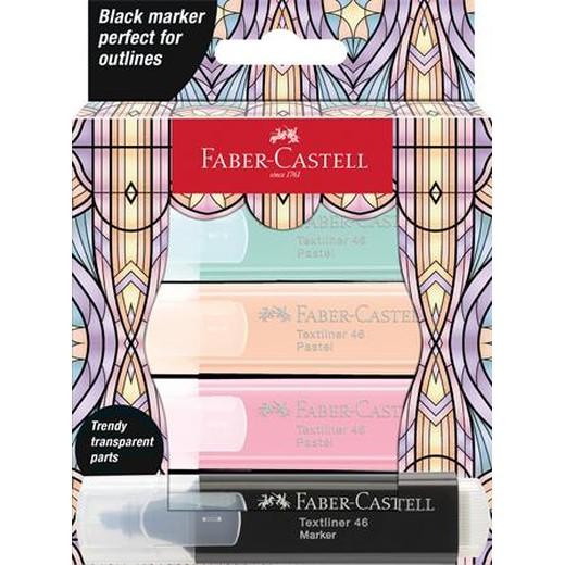 Zvýrazňovač, sada, FABER-CASTELL "Glassy", 3 rôzne pastelové farby + čierna