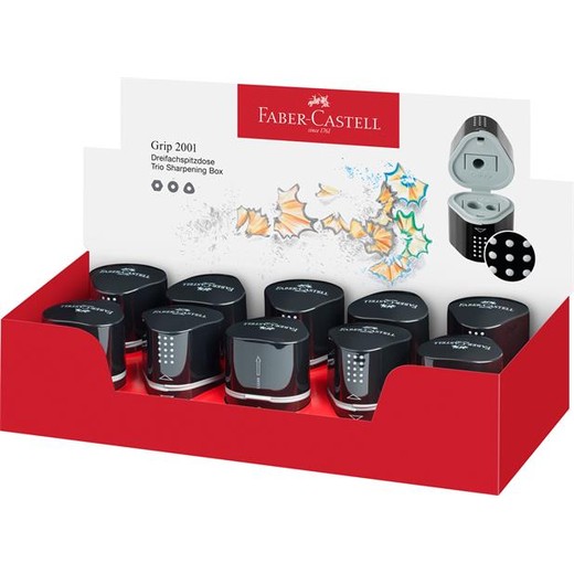 Strúhadlo, displej, trojdierové, so zásobníkom, FABER-CASTELL "Grip 2001 Trio", čierne