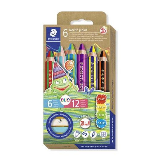 Farebné ceruzky, sada, dvojfarebné, so strúhadlom, STAEDTLER "Noris® junior 140", 6 rôznych farieb