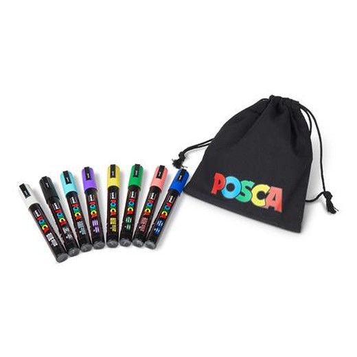Dekoračný popisovač, sada, 1,8-2,5 mm, UNI "Posca Pouch PC-5M", 8 rôznych farieb, v puzdre