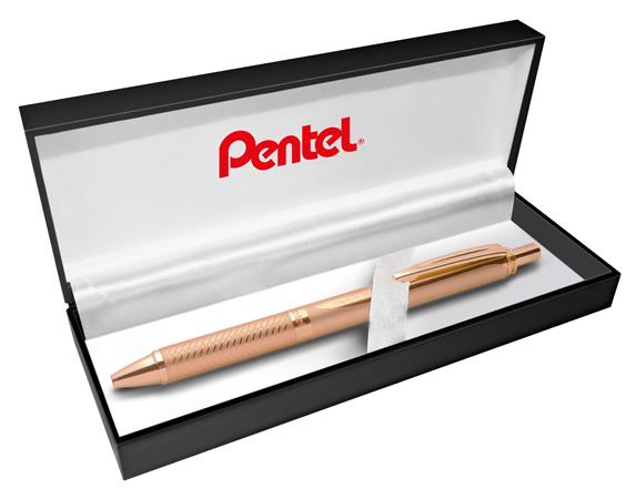 Gélové pero, 0,35 mm, stláčací mechanizmus, telo pera: rosegold, PENTEL "EnerGel BL-407" modrá