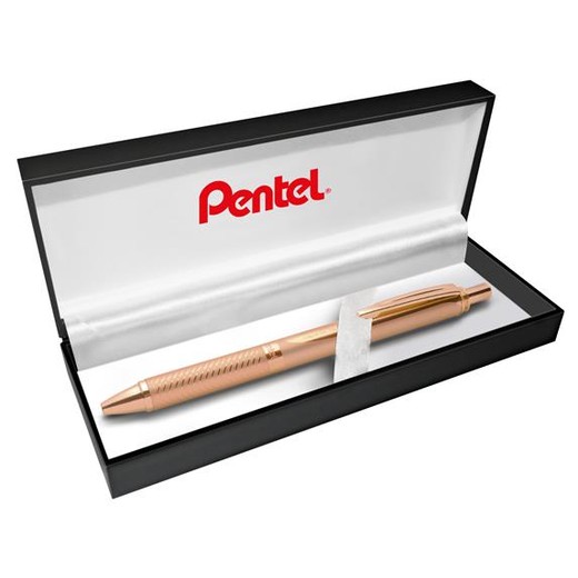 Gélové pero, 0,35 mm, stláčací mechanizmus, telo pera: rosegold, PENTEL "EnerGel BL-407" modrá