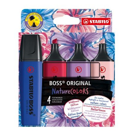 Zvýrazňovač, sada, 2-5 mm, STABILO "BOSS original NatureCOLORS Wildflowers", 4 rôzne farby