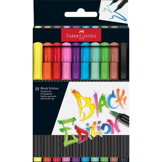Fixky v rvare štetca, sada, FABER-CASTELL "Black Edition" 10 rôznych farieb