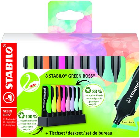 Zvýrazňovač, sada, 2-5 mm, STABILO "Green Boss Pastel", 8 ks stolový set