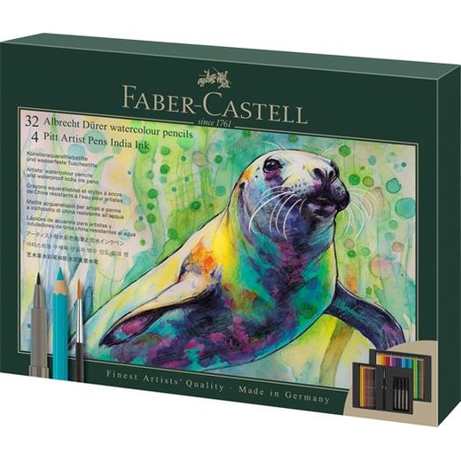 Akvarelové ceruzky, sada, so štetcom, FABER-CASTELL "Albrecht Dürer & Pitt Artist Pen", 37 ks