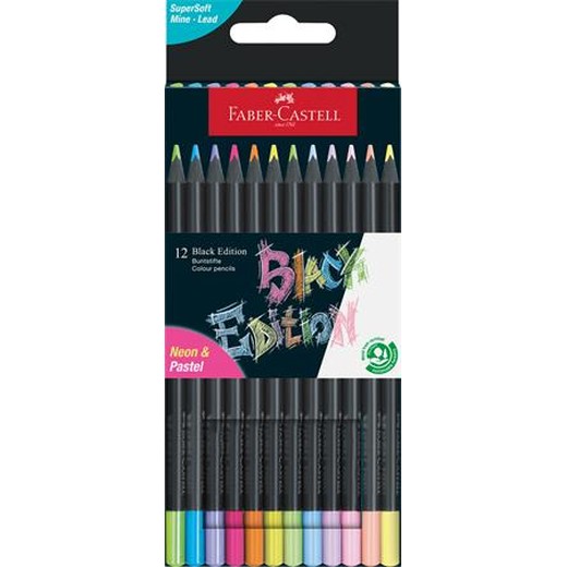 Farebné ceruzky, sada, trojhranné, FABER-CASTELL "Black Edition", 6-6 rôznych neónových a pastelových farieb