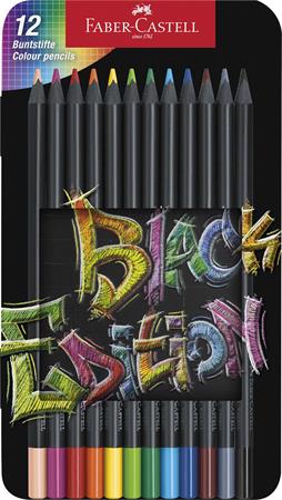 Farebné ceruzky, sada, trojhranné, v plechovej krabičke, FABER-CASTELL "Black Edition", 12 rôznych farieb