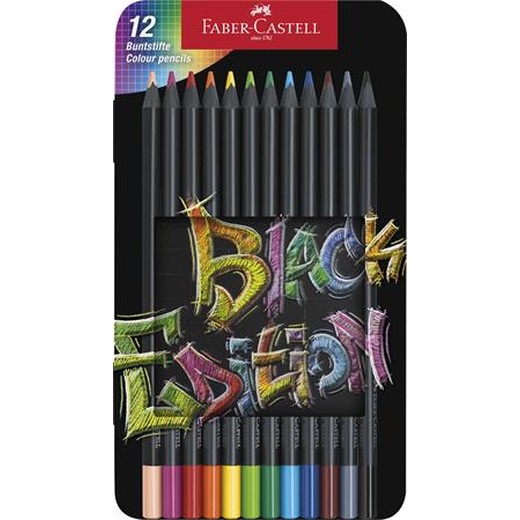 Farebné ceruzky, sada, trojhranné, v plechovej krabičke, FABER-CASTELL "Black Edition", 12 rôznych farieb