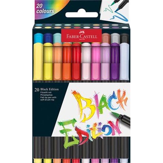 Fixky štetcové, FABER-CASTELL "Black Edition", 20 rôznych farieb