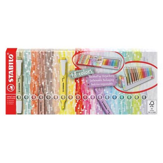 Zvýrazňovač, sada, 1-4 mm, STABILO "Swing Cool", 18 -kusová stolová sada