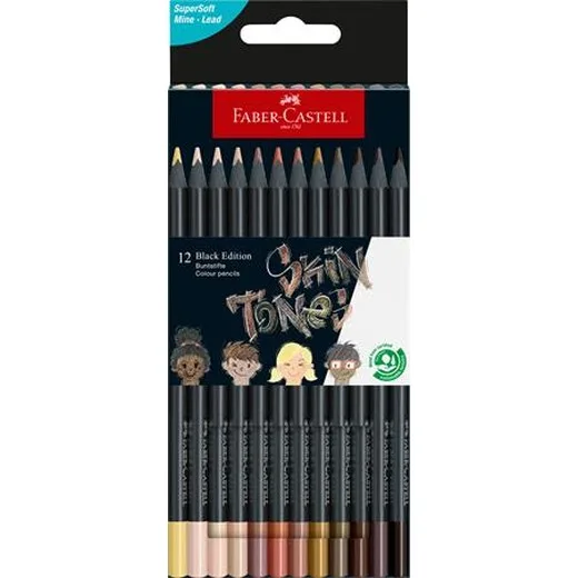 Farebné ceruzky, sada, trojhranné, FABER-CASTELL "Black Edition",  12 rôznych odtieňov pleti