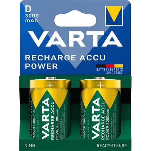 Nabíjateľná batéria, D, 2x3000mAh, prednabitá, bezplastová, VARTA "Power"