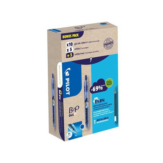 Gélové pero, 0,32 mm, stláčací mechanizmus, PILOT "B2P Greenpack", modré + náplň