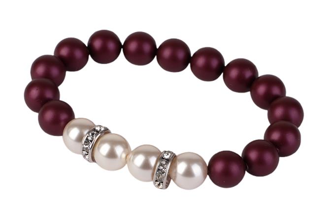 Náramok, z bordovo fialových a bielych  SWAROVSKI®  perál, s bielym rondella krištáľom, 10mm, ART CRYSTELLA® M