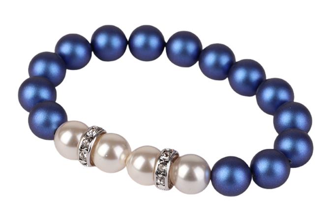 Náramok, z tmavomodrých a bielych SWAROVSKI® perál, s bielym rondella krištáľom, 10mm, ART CRYSTELLA® M
