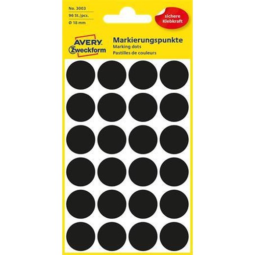 Etikety, okrúhle, priemer: 18 mm, AVERY ZWECKFORM, čierne, 96 etikiet/bal