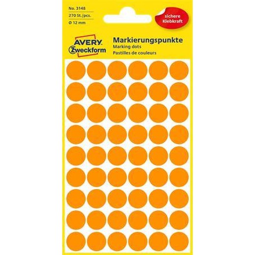 Etikety, okrúhle, priemer: 12 mm, AVERY ZWECKFORM, neónovo oranžové, 270 etikiet/bal