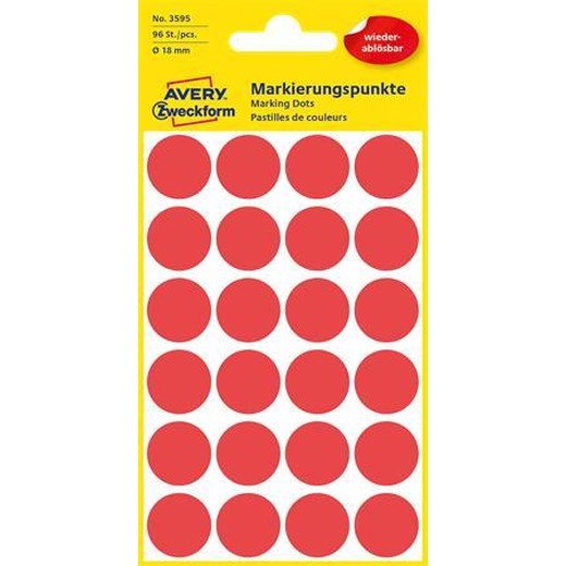 Etikety, okrúhle, priemer: 18 mm, odstrániteľné, AVERY ZWECKFORM, červené, 96 etikiet/bal