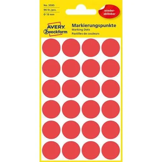 Etikety, okrúhle, priemer: 18 mm, odstrániteľné, AVERY ZWECKFORM, červené, 96 etikiet/bal