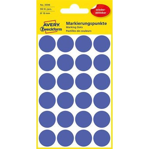 Etikety, okrúhle, priemer: 18 mm, odstrániteľné, AVERY ZWECKFORM, modré, 96 etikiet/bal