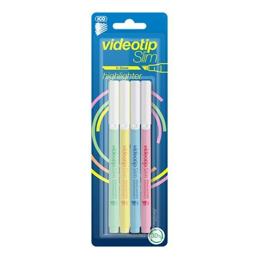 Zvýrazňovač, sada, 1-3 mm, ICO "Videotip Slim", 4 rôzne pastelové farby