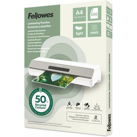 Laminovacia fólia, 80 mikr., A4, matná, 100 ks, FELLOWES "Light"