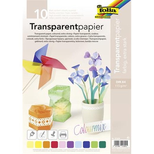 Transparentný papier, A4, 115 g, 10 listov, FOLIA, rôzne farby