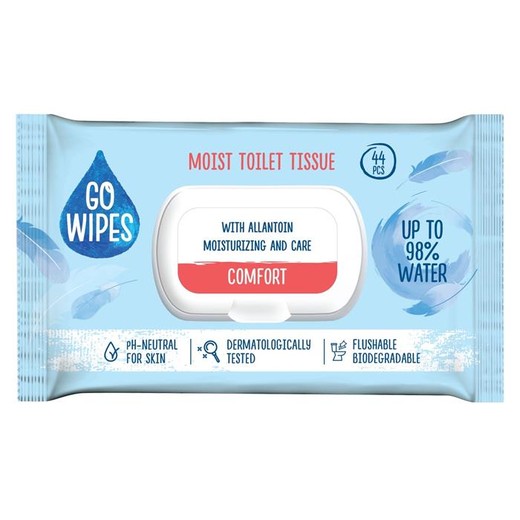 Toaletný papier, vlhčený, s uzatvárateľným viečkom, 44 ks, GO WIPES „Comfort“
